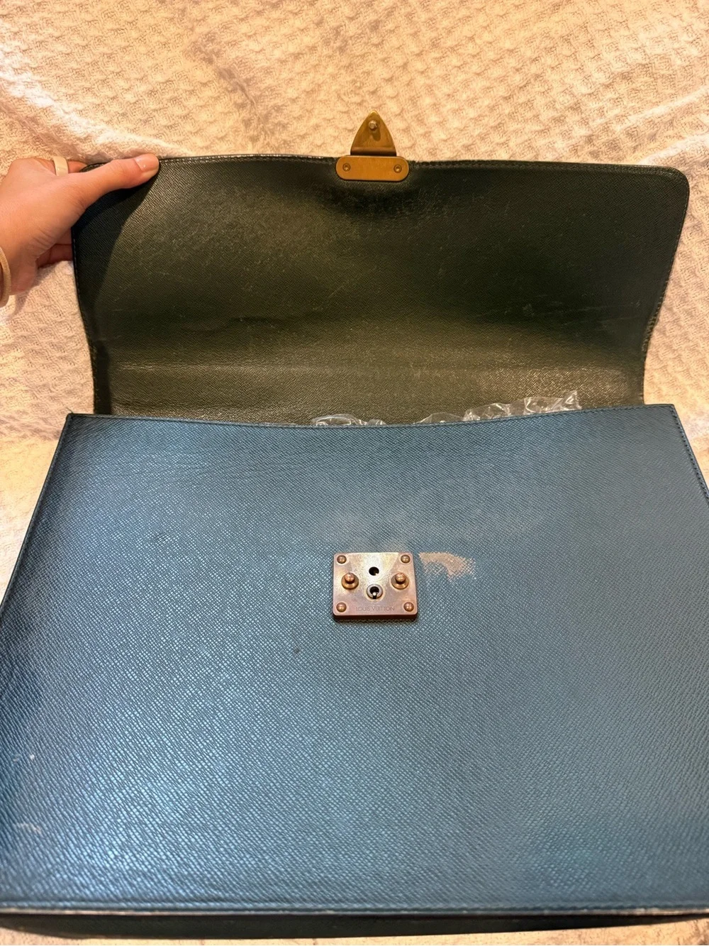 Authentic LV Serviette Kourad Briefcase Taiga Leather Dark Green